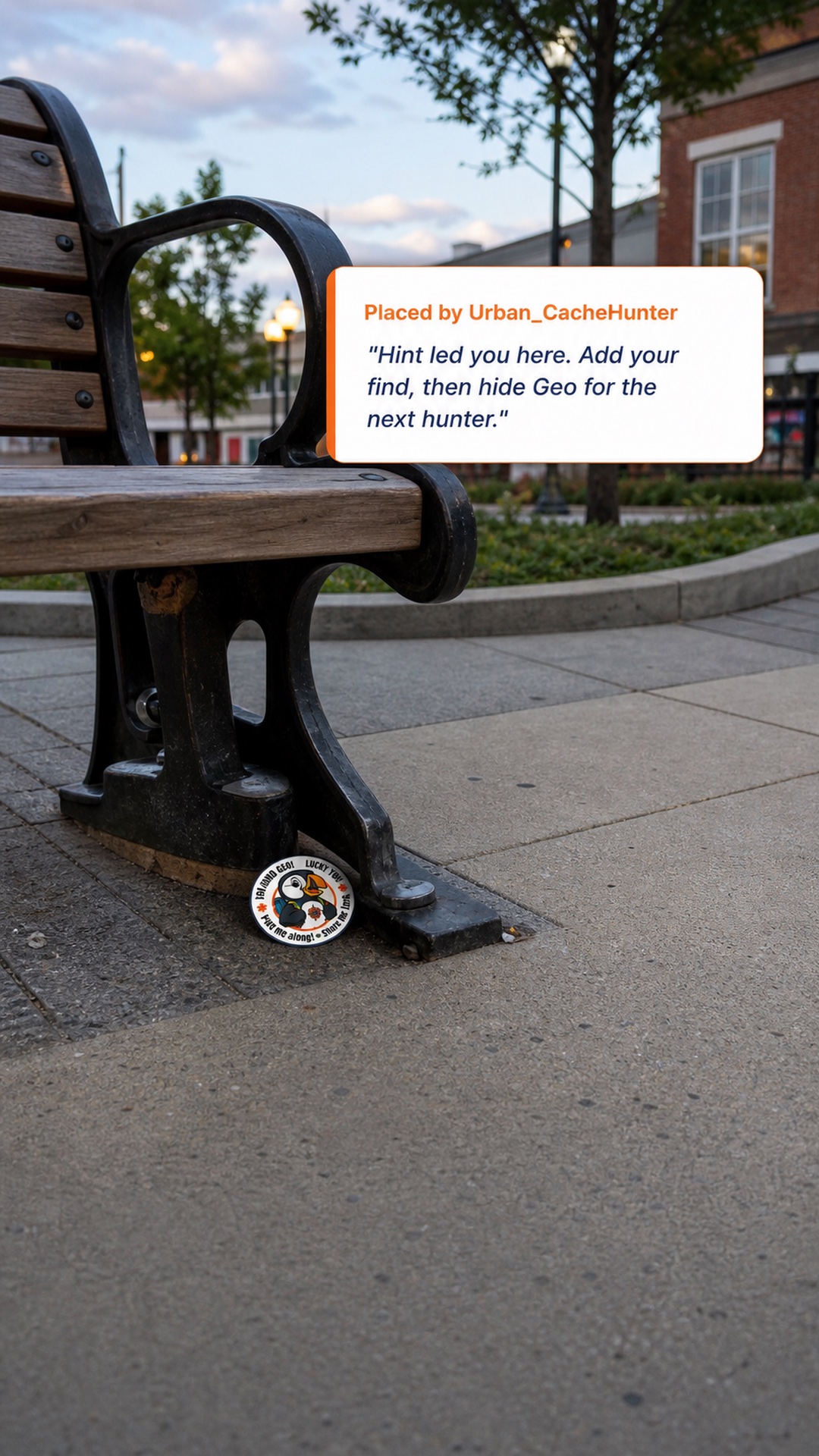 GeoToken hidden near an urban bench for Hide and Hint mode